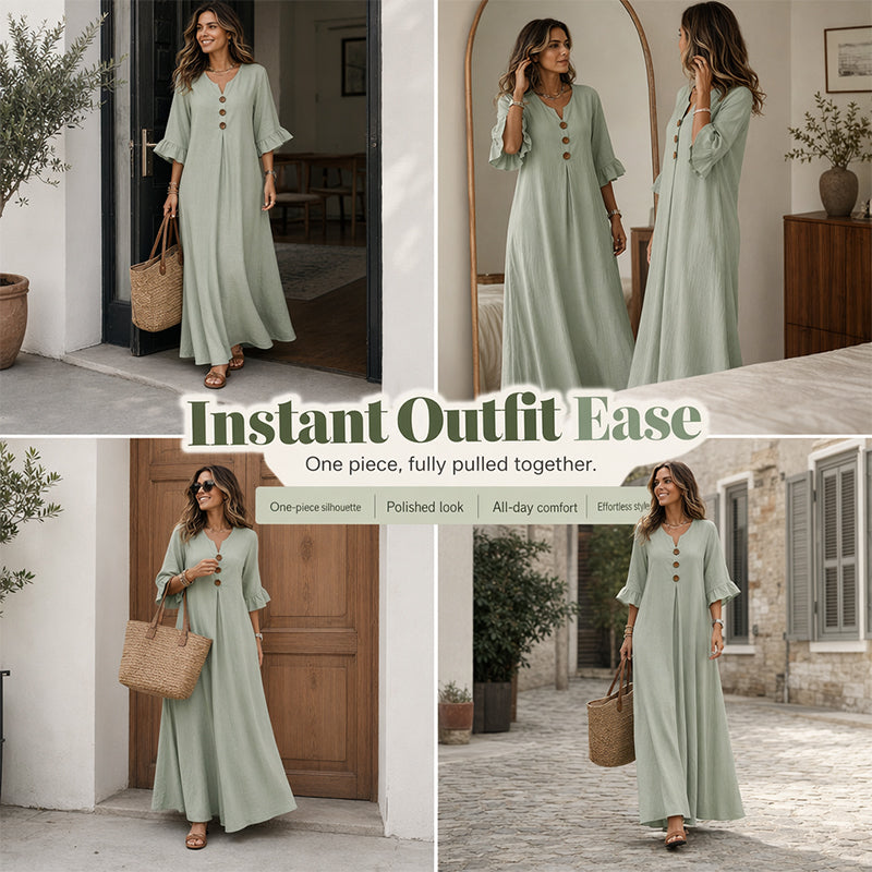 👗🌿 PROMO FLASH 50% ! Robe Longue Ample Femme Col V – Fluide, Légère, Coupe Confort, 2 Coloris, Tailles S-5XL, Idéale Été & Vacances ✨