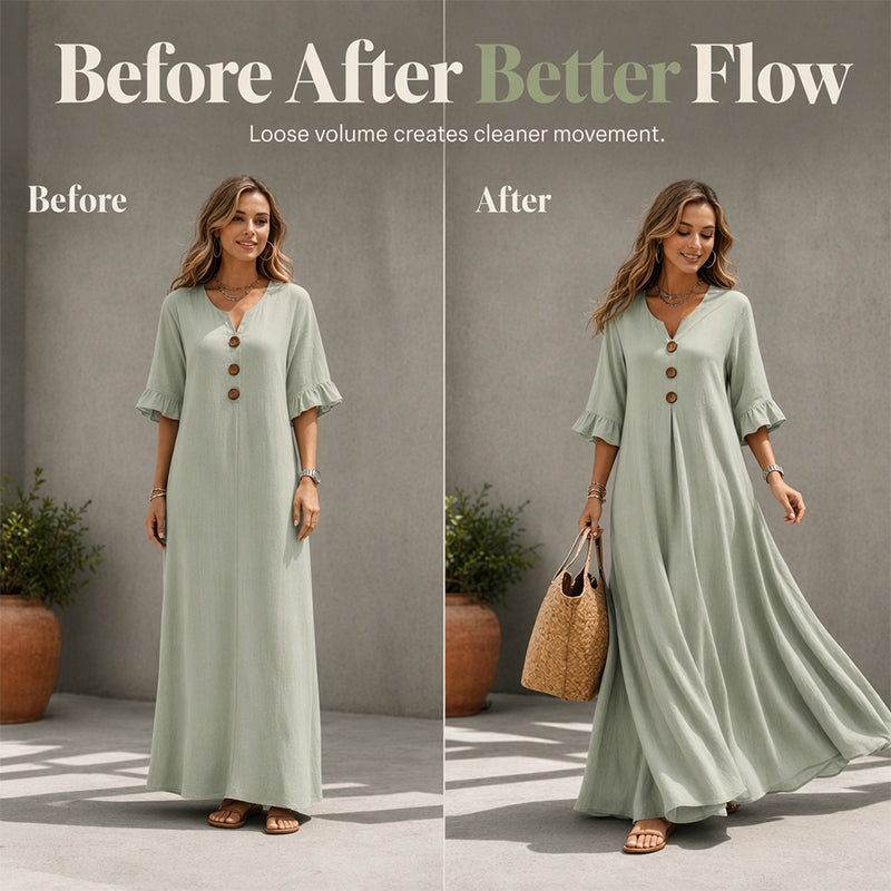 👗🌿 PROMO FLASH 50% ! Robe Longue Ample Femme Col V – Fluide, Légère, Coupe Confort, 2 Coloris, Tailles S-5XL, Idéale Été & Vacances ✨