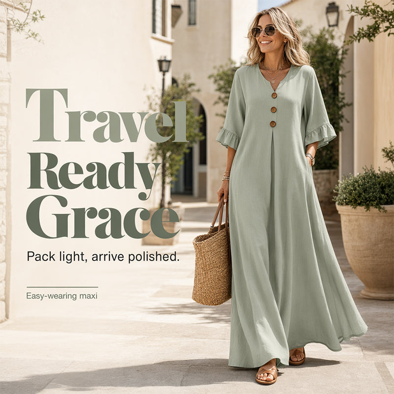 👗🌿 PROMO FLASH 50% ! Robe Longue Ample Femme Col V – Fluide, Légère, Coupe Confort, 2 Coloris, Tailles S-5XL, Idéale Été & Vacances ✨