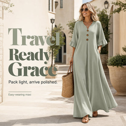 👗🌿 PROMO FLASH 50% ! Robe Longue Ample Femme Col V – Fluide, Légère, Coupe Confort, 2 Coloris, Tailles S-5XL, Idéale Été & Vacances ✨