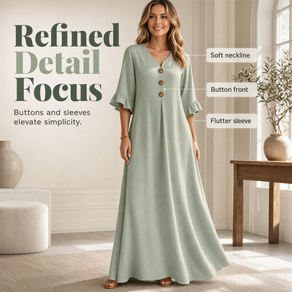 👗🌿 PROMO FLASH 50% ! Robe Longue Ample Femme Col V – Fluide, Légère, Coupe Confort, 2 Coloris, Tailles S-5XL, Idéale Été & Vacances ✨