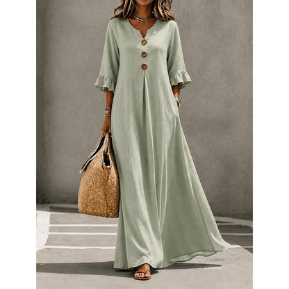 👗🌿 PROMO FLASH 50% ! Robe Longue Ample Femme Col V – Fluide, Légère, Coupe Confort, 2 Coloris, Tailles S-5XL, Idéale Été & Vacances ✨