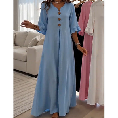 👗🌿 PROMO FLASH 50% ! Robe Longue Ample Femme Col V – Fluide, Légère, Coupe Confort, 2 Coloris, Tailles S-5XL, Idéale Été & Vacances ✨