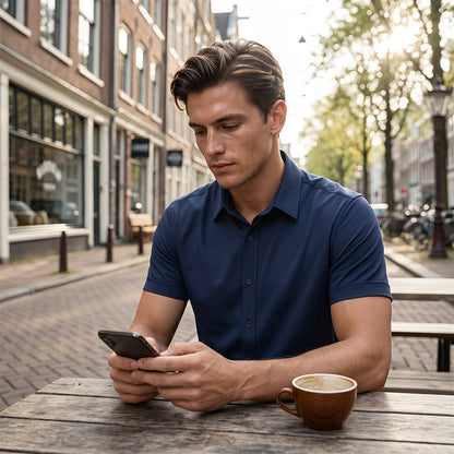 👔✨ PROMO -50% ! Chemise Décontractée à Manches Courtes Homme – Couleur Unie Polyvalente, Coupe Classique Flatteuse, Tissu Respirant Stretch, Port Toutes Occasions · Blanc & Bleu 🔥