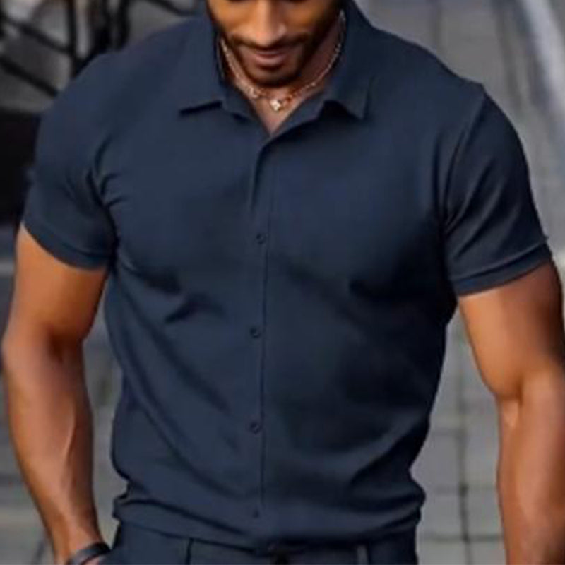 👔✨ PROMO -50% ! Chemise Décontractée à Manches Courtes Homme – Couleur Unie Polyvalente, Coupe Classique Flatteuse, Tissu Respirant Stretch, Port Toutes Occasions · Blanc & Bleu 🔥