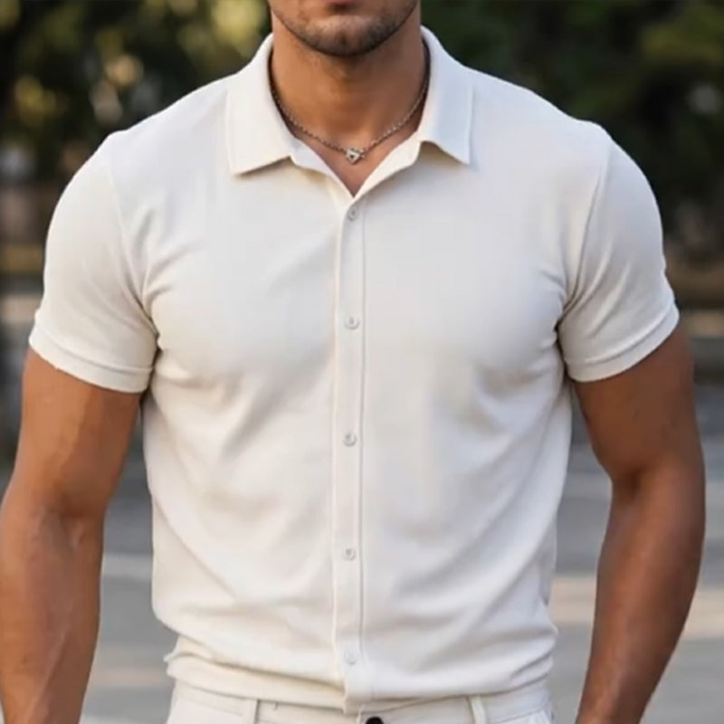 👔✨ PROMO -50% ! Chemise Décontractée à Manches Courtes Homme – Couleur Unie Polyvalente, Coupe Classique Flatteuse, Tissu Respirant Stretch, Port Toutes Occasions · Blanc & Bleu 🔥