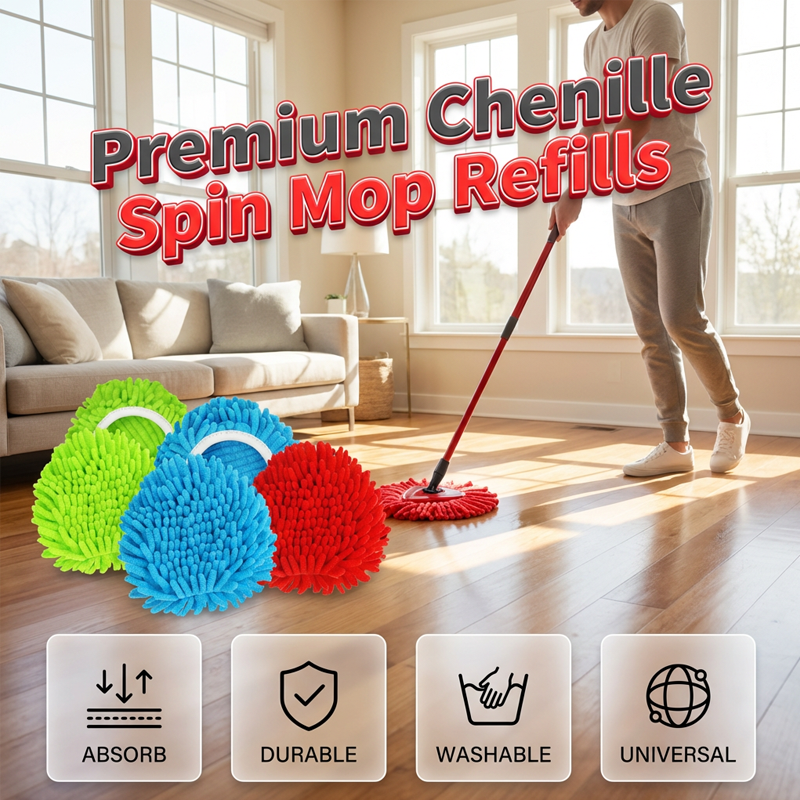 🧹Tête de rechange pour balai à franges Chenille Spin : des têtes au design unique qui transforment le balai à franges en plumeau à long manche, avec seau et manche équipés d'un filtre pour le nettoyage à sec✨