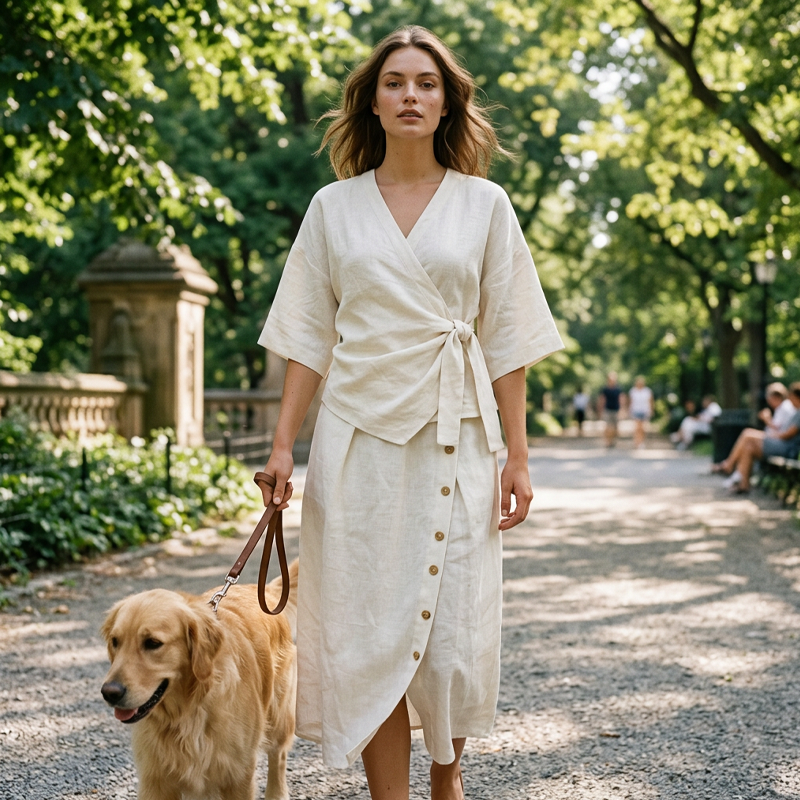 Vêtements décontractés pour femmes : un ensemble deux pièces comprenant un haut et une jupe boutonnée sur le côté, avec des poches.💝