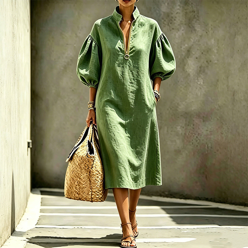 🔥Nouveaux produits désormais disponibles – Robe pour femme avec demi-fermeture éclair, col montant et manches bouffantes