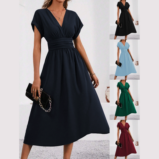 Robe femme à col en V et taille cintrée