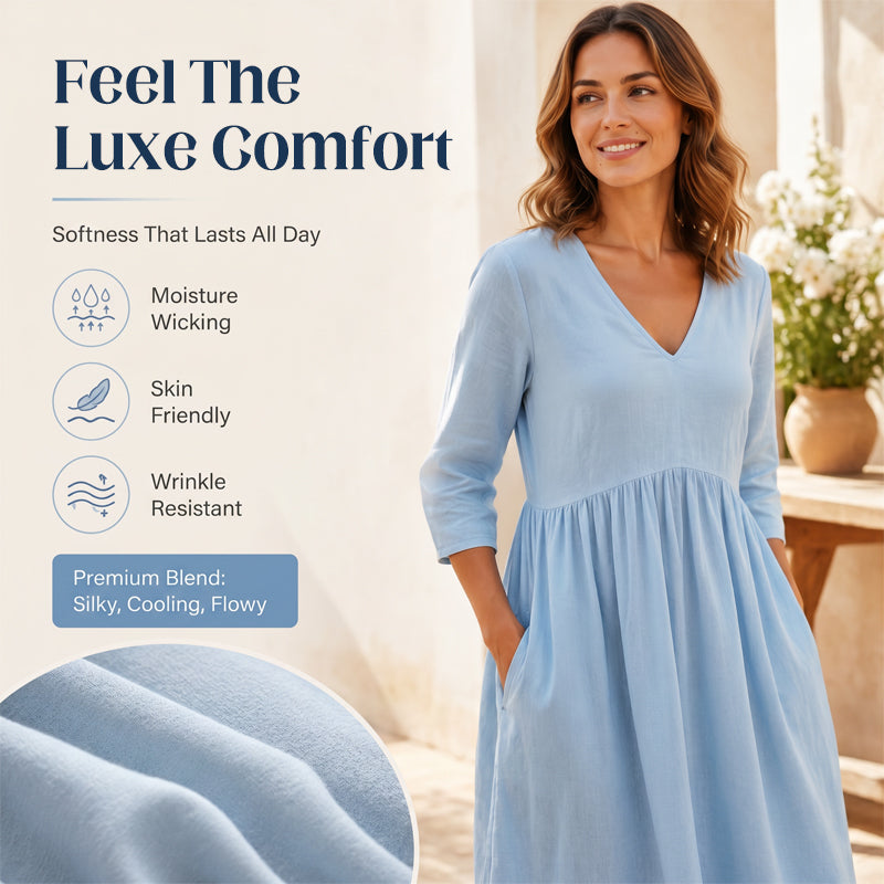 Robe longue à col en V et manches 3/4 pour femme