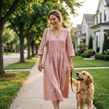 Robe longue à col en V et manches 3/4 pour femme