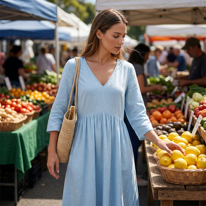 Robe longue à col en V et manches 3/4 pour femme