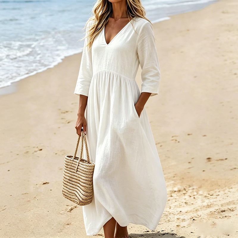 Robe longue à col en V et manches 3/4 pour femme