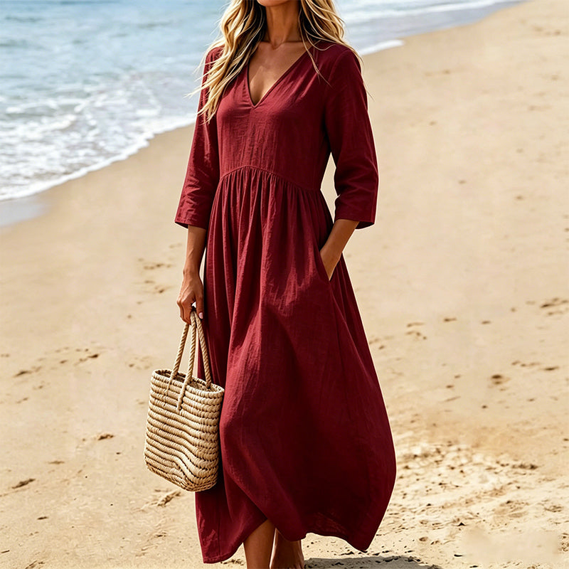Robe longue à col en V et manches 3/4 pour femme