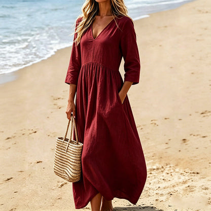 Robe longue à col en V et manches 3/4 pour femme
