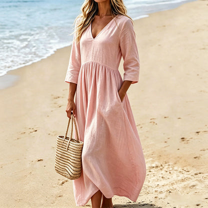Robe longue à col en V et manches 3/4 pour femme