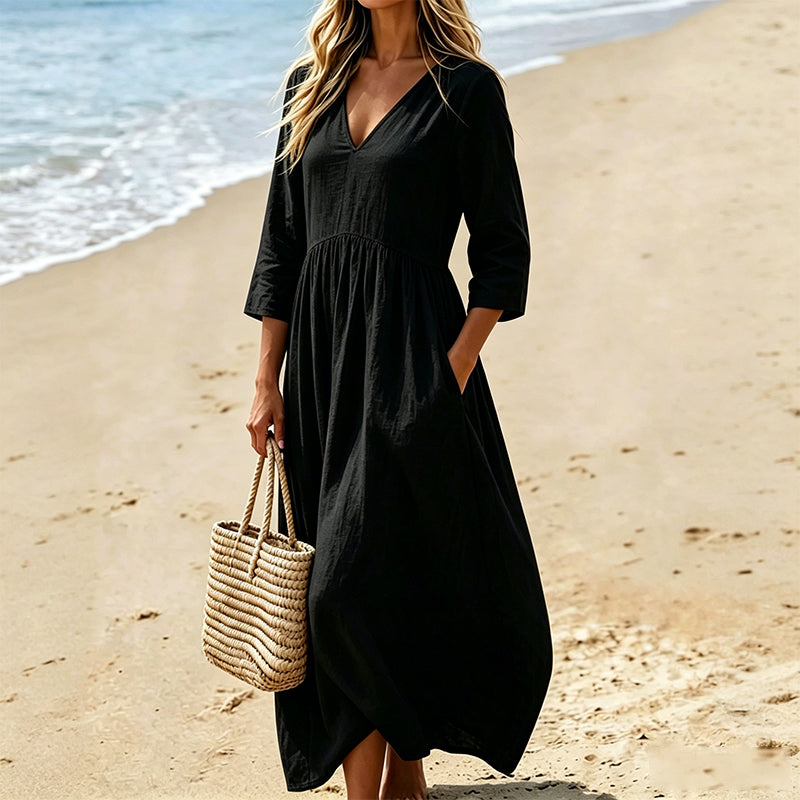 Robe longue à col en V et manches 3/4 pour femme