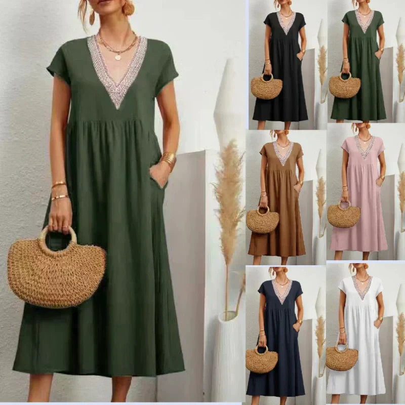 Robe élégante à col en V, manches courtes et coupe ample pour femme
