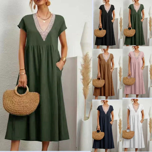 Robe élégante à col en V, manches courtes et coupe ample pour femme