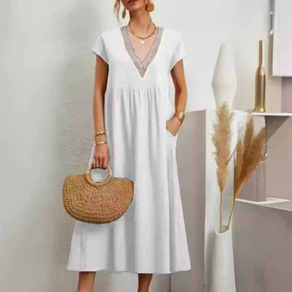 Robe élégante à col en V, manches courtes et coupe ample pour femme