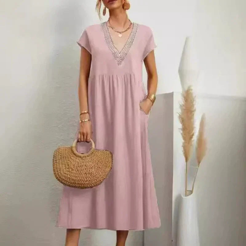 Robe élégante à col en V, manches courtes et coupe ample pour femme