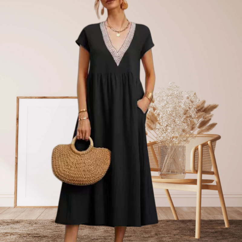 Robe élégante à col en V, manches courtes et coupe ample pour femme