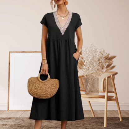 Robe élégante à col en V, manches courtes et coupe ample pour femme