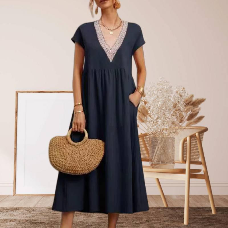 Robe élégante à col en V, manches courtes et coupe ample pour femme