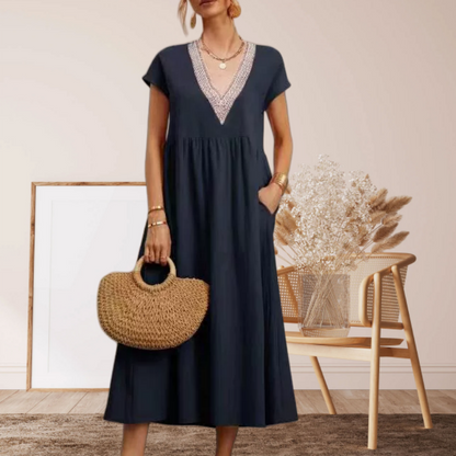 Robe élégante à col en V, manches courtes et coupe ample pour femme