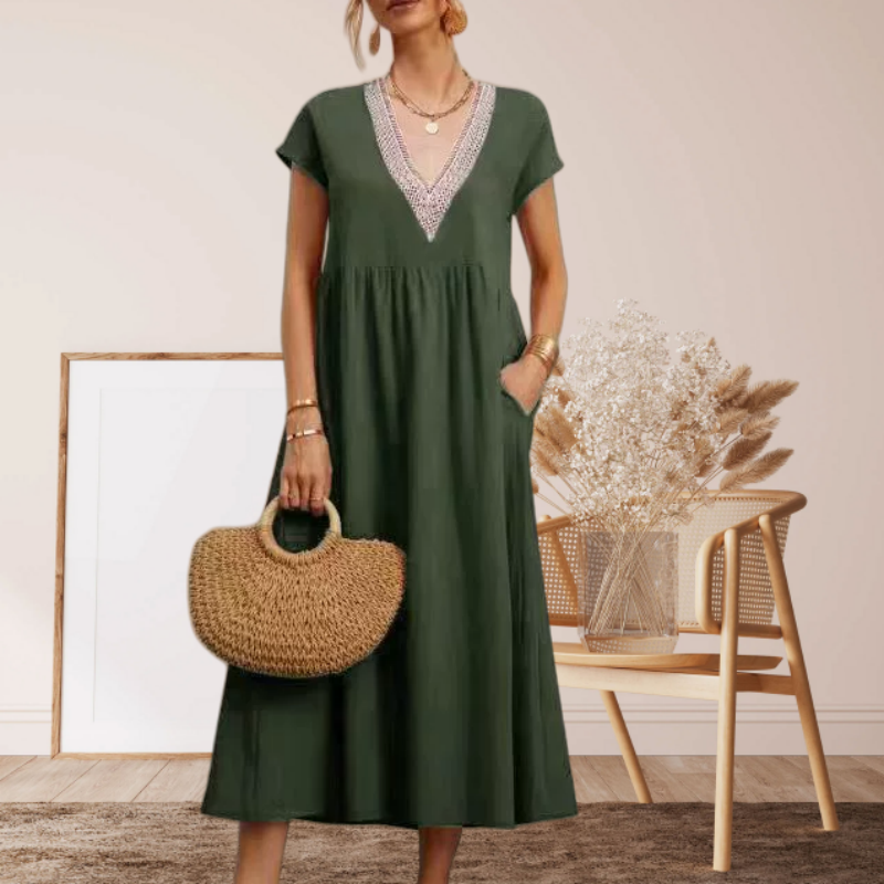 Robe élégante à col en V, manches courtes et coupe ample pour femme