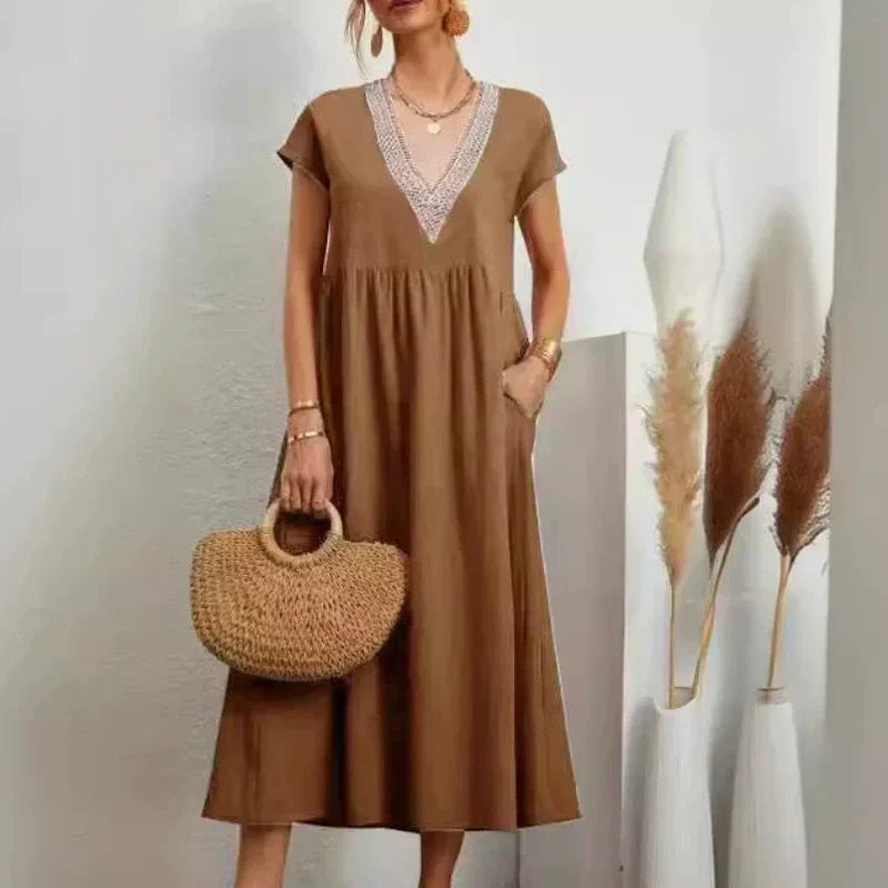 Robe élégante à col en V, manches courtes et coupe ample pour femme