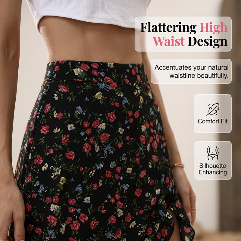 Jupe midi pour femme à motif floral, taille haute, volants et fente, idéale pour les vacances d'été.