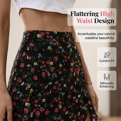 Jupe midi pour femme à motif floral, taille haute, volants et fente, idéale pour les vacances d'été.