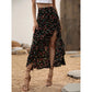 Jupe midi pour femme à motif floral, taille haute, volants et fente, idéale pour les vacances d'été.