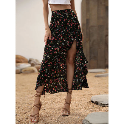 Jupe midi pour femme à motif floral, taille haute, volants et fente, idéale pour les vacances d'été.