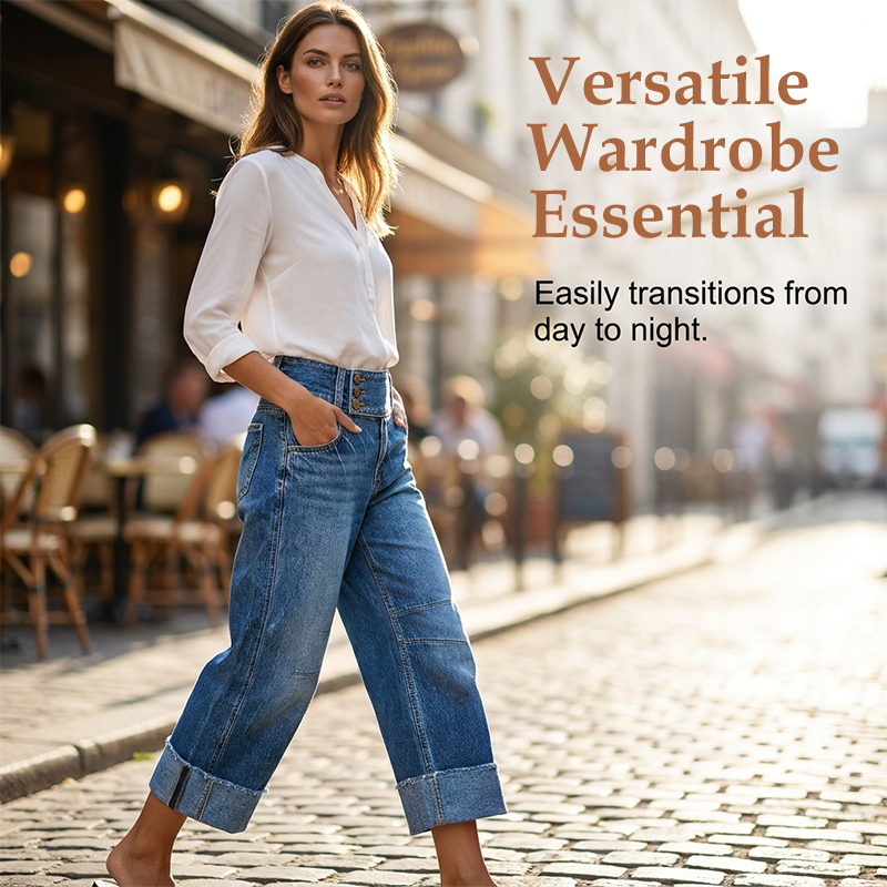 👖 Nouvelle Arrivée💙 Jean Large Court Femme – Taille Haute Boutonnée
