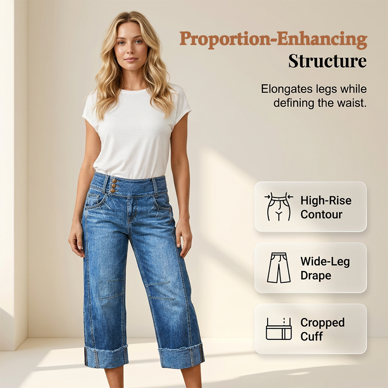 👖 Nouvelle Arrivée💙 Jean Large Court Femme – Taille Haute Boutonnée
