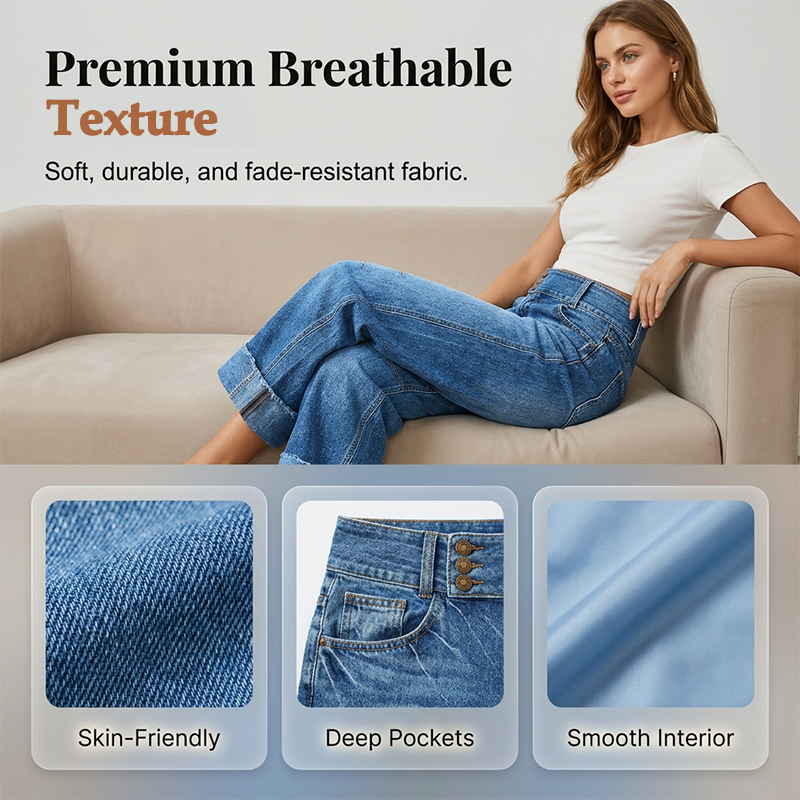 👖 Nouvelle Arrivée💙 Jean Large Court Femme – Taille Haute Boutonnée