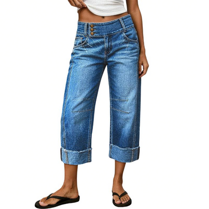 👖 Nouvelle Arrivée💙 Jean Large Court Femme – Taille Haute Boutonnée