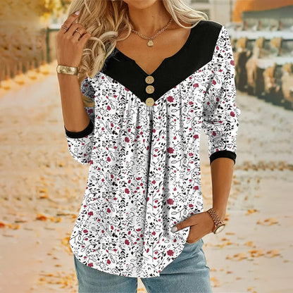 T-shirt à manches longues imprimé à col en V pour femme