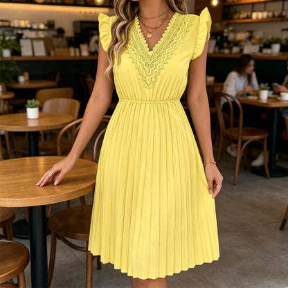 Robe midi pour femme à col en V, en dentelle, à manches à volants et plissée