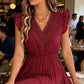 Robe midi pour femme à col en V, en dentelle, à manches à volants et plissée