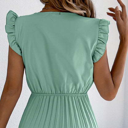 Robe midi pour femme à col en V, en dentelle, à manches à volants et plissée