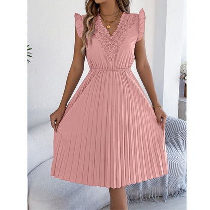 Robe midi pour femme à col en V, en dentelle, à manches à volants et plissée