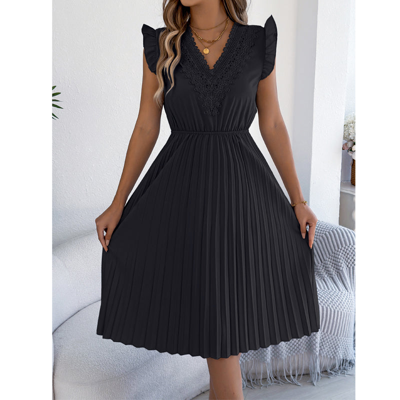 Robe midi pour femme à col en V, en dentelle, à manches à volants et plissée
