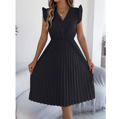 Robe midi pour femme à col en V, en dentelle, à manches à volants et plissée