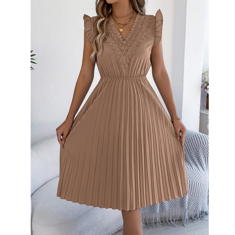 Robe midi pour femme à col en V, en dentelle, à manches à volants et plissée