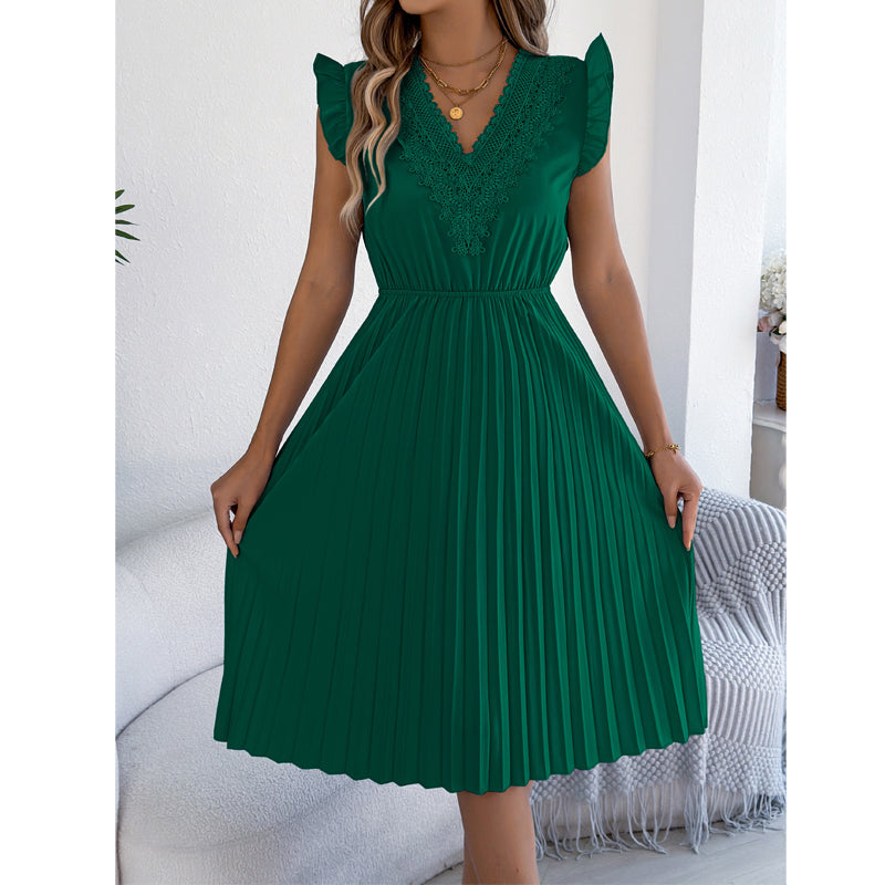 Robe midi pour femme à col en V, en dentelle, à manches à volants et plissée
