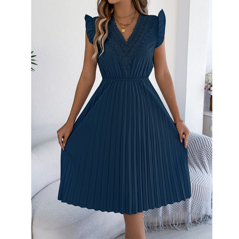 Robe midi pour femme à col en V, en dentelle, à manches à volants et plissée